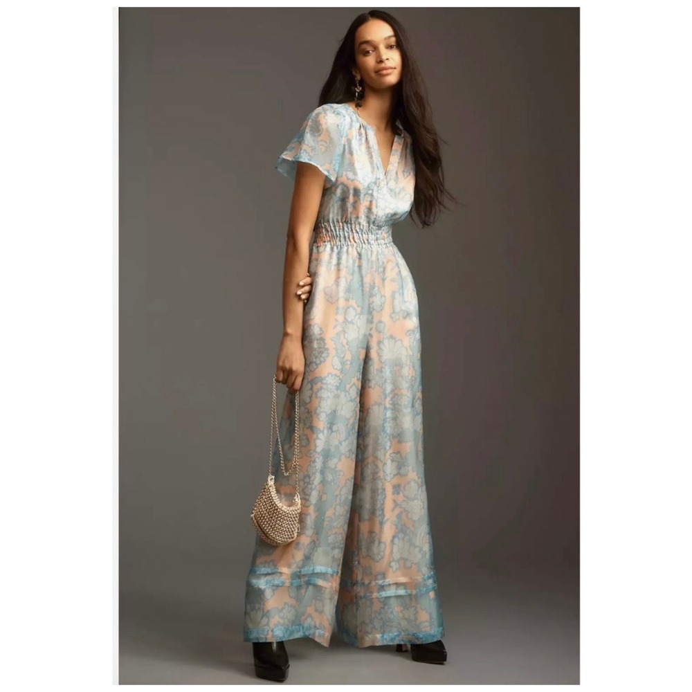Anthropologie Somerset Floral Silk Organza Jumpsuit Wide Leg 8